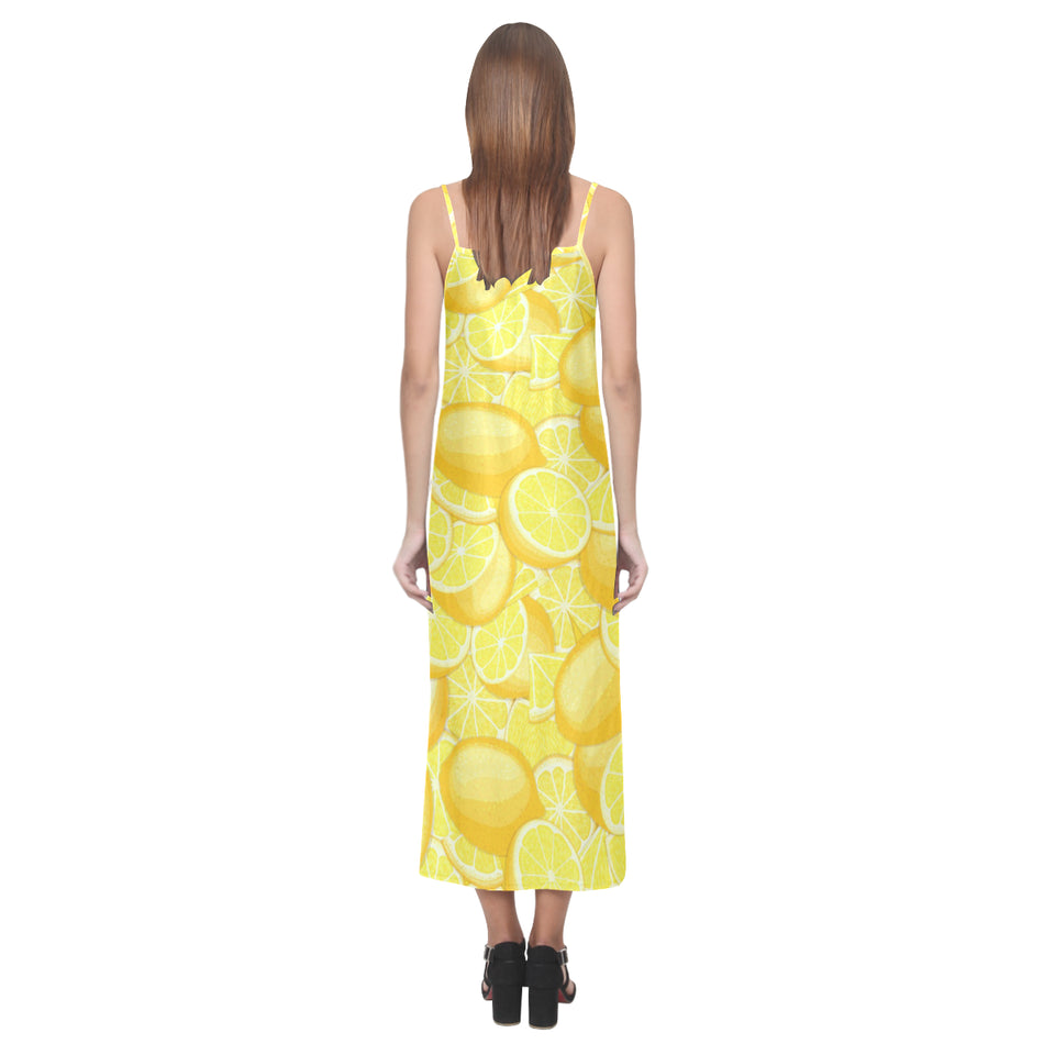 lemon pattern V-Neck Open Fork Long Dress
