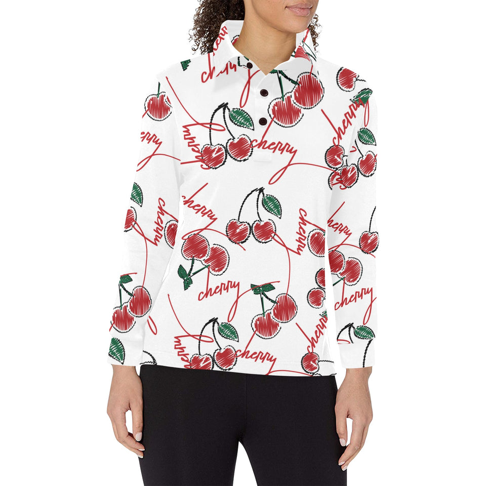 Hand drawn cherry pattern Women's Long Sleeve Polo Shirt