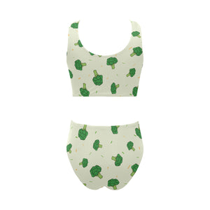 Broccoli pattern Chest Bowknot High Waisted Bikini Swimsuit