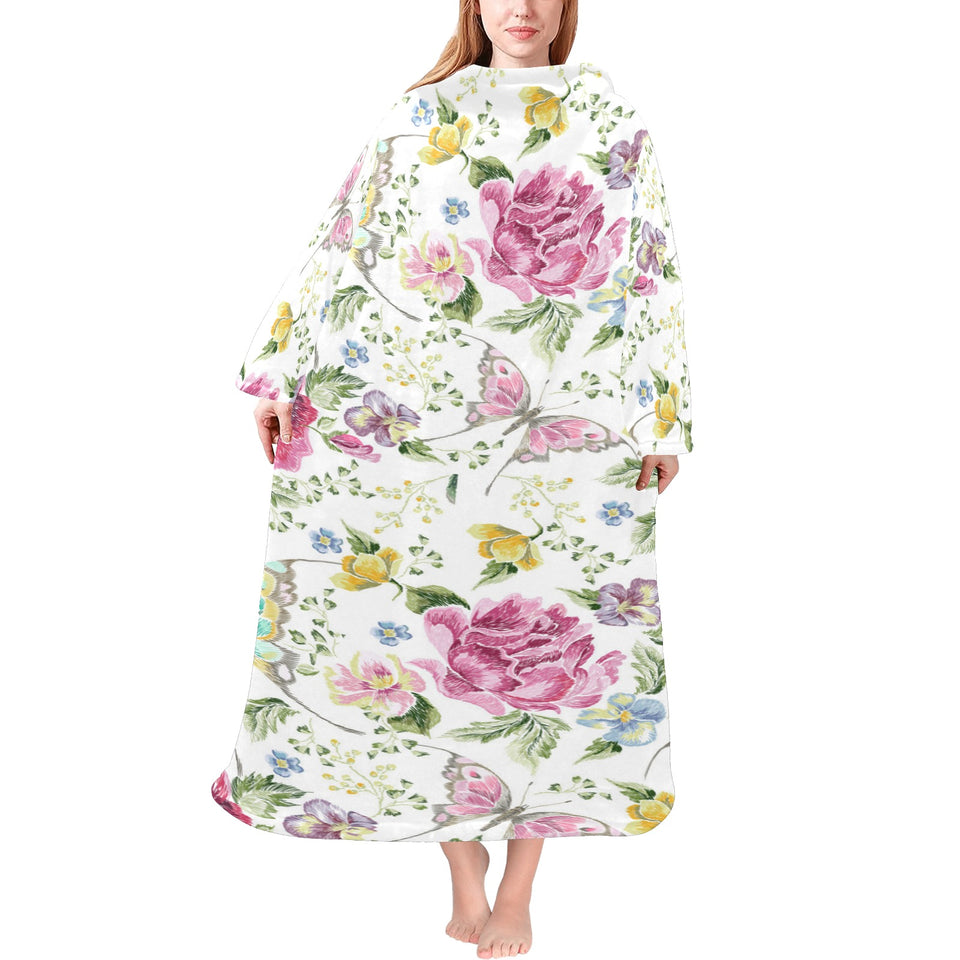 Hand drawn butterfly rose Blanket Robe with Sleeves