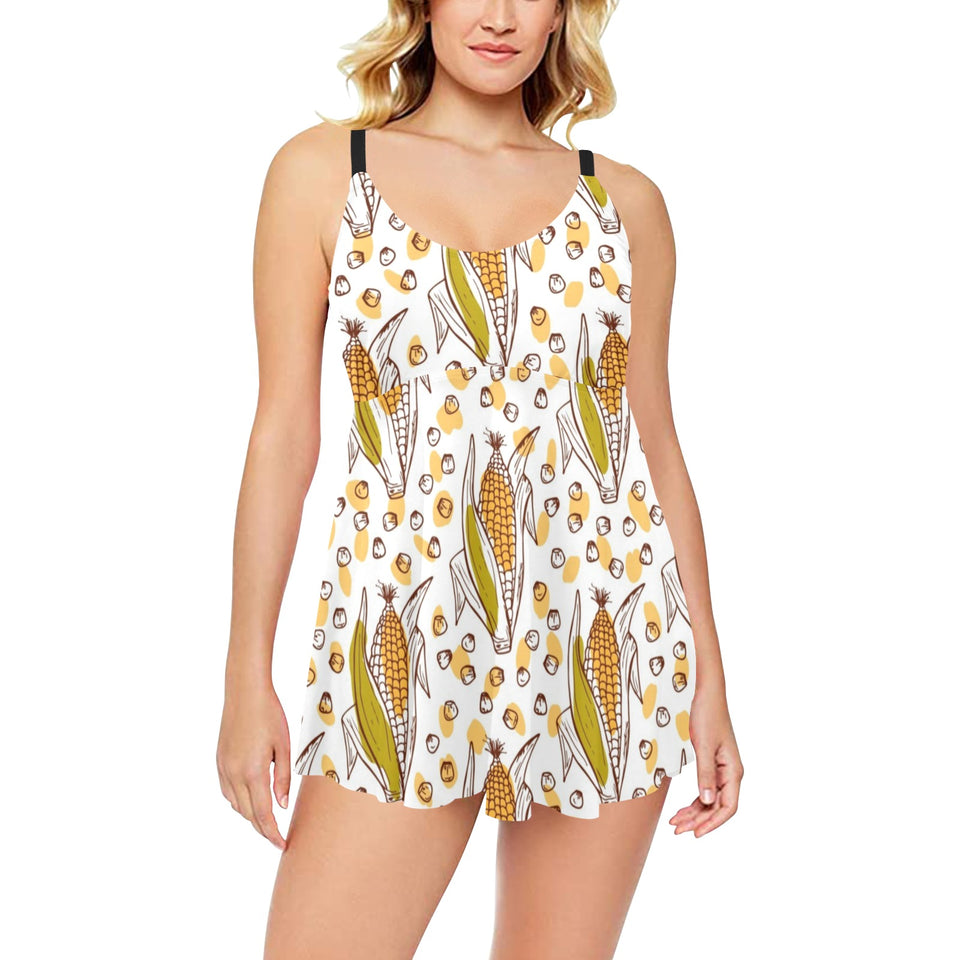 Corn Pattern Print Design 02 Chest Sexy Pleated Two Piece Swim Dress