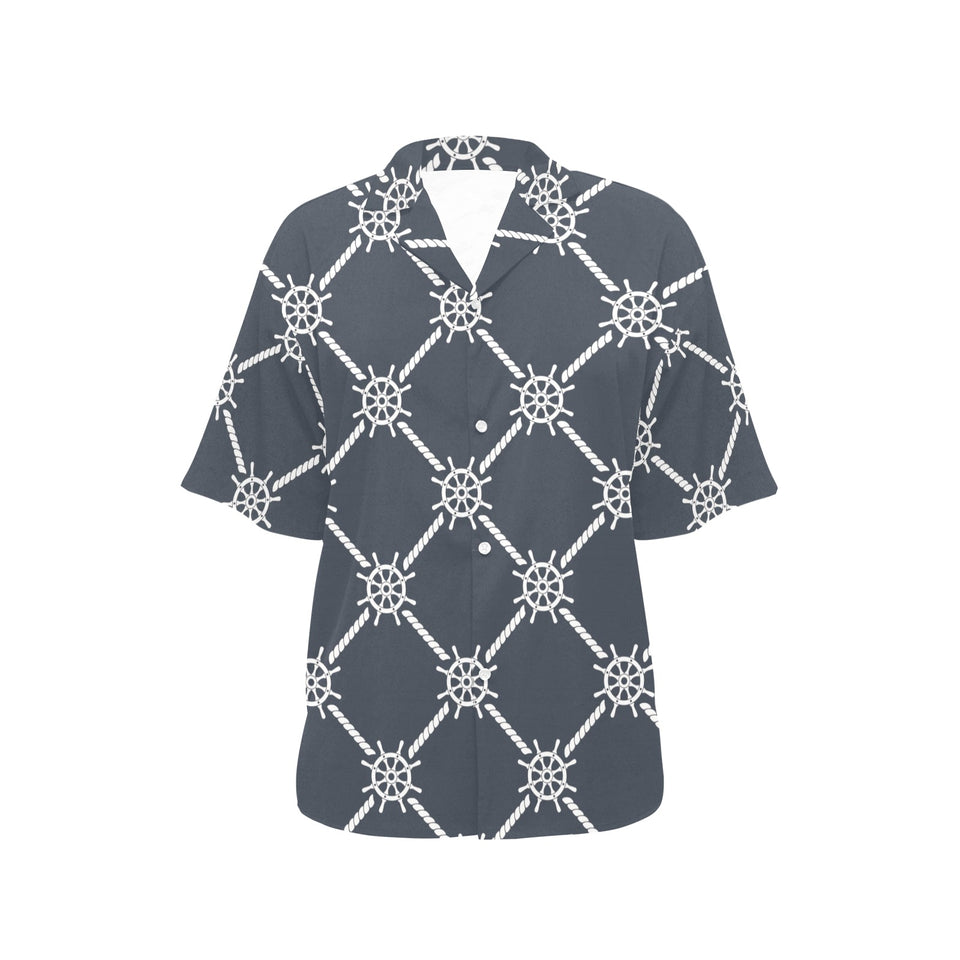 nautical steering wheel rope pattern Women's All Over Print Hawaiian Shirt