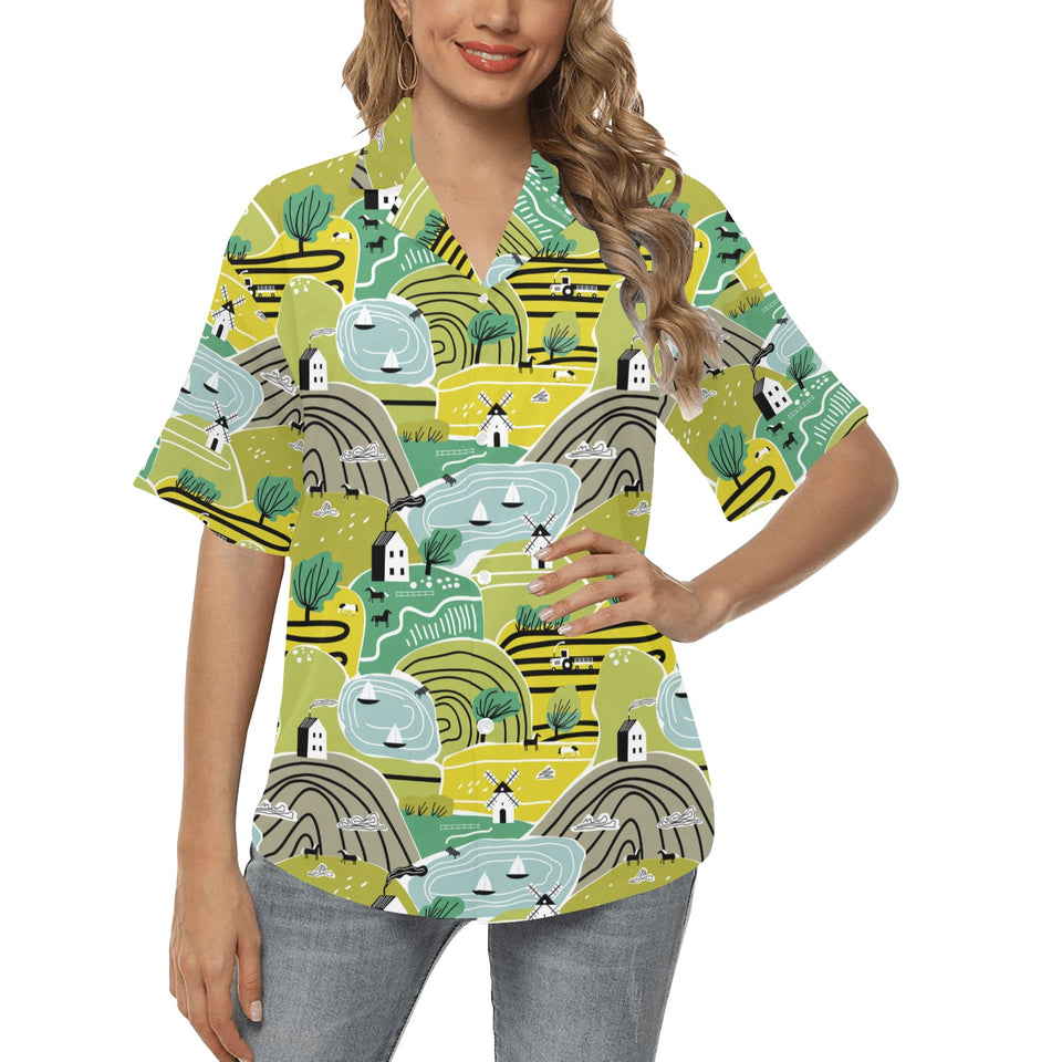 Hand drawn windmill pattern Women's All Over Print Hawaiian Shirt
