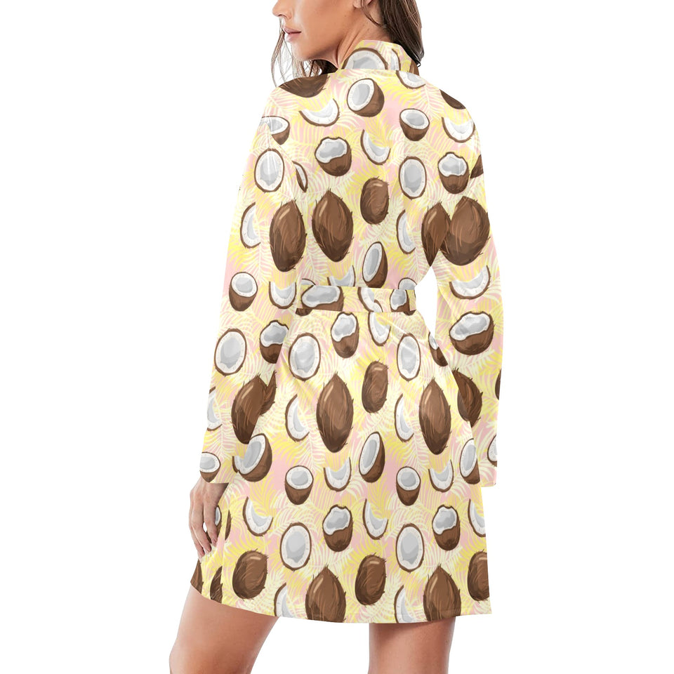 Coconut Pattern Print Design 05 Women's Long Sleeve Belted Night Robe