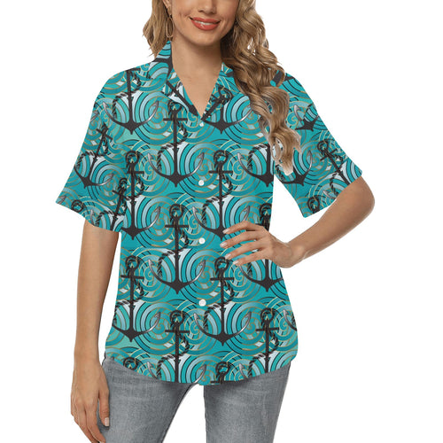 Anchor nautical green background Women's All Over Print Hawaiian Shirt