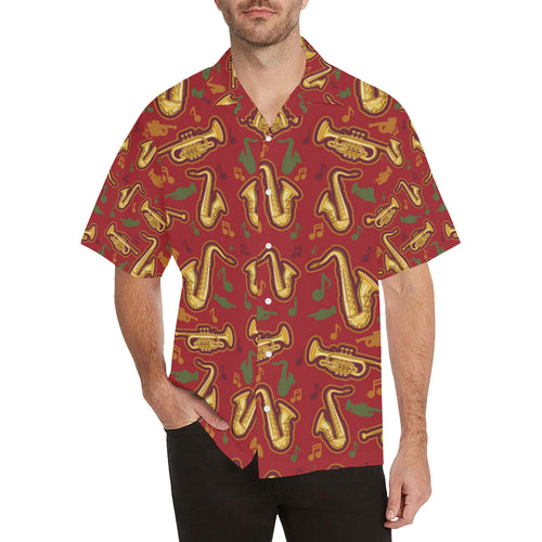 Saxophone cornet pattern red background Men's All Over Print Hawaiian Shirt