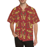 Saxophone cornet pattern red background Men's All Over Print Hawaiian Shirt