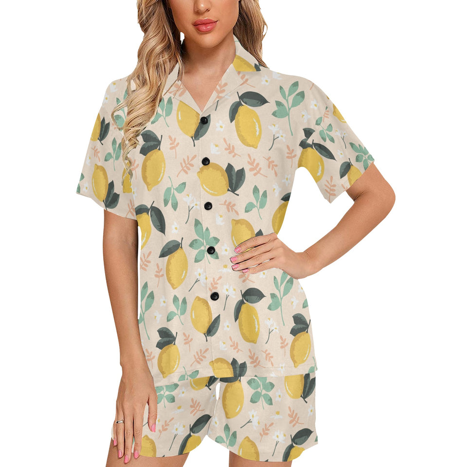 lemon flower leave pattern Women's V-Neck Short Pajama Set