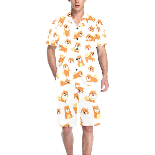 Brown pomeranian pattern Men's V-Neck Short Pajama Set