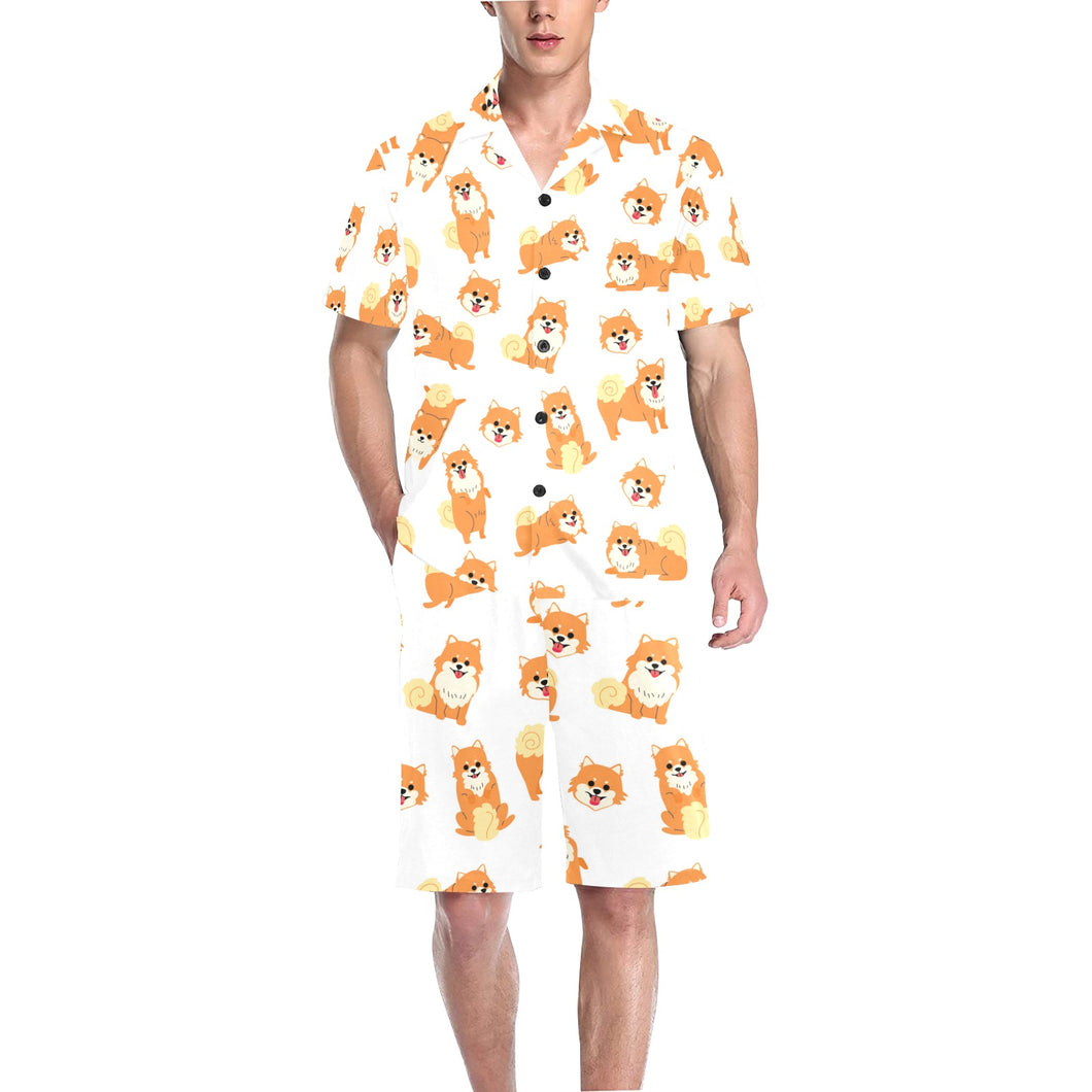 Brown pomeranian pattern Men's V-Neck Short Pajama Set