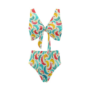Colorful moon pattern Chest Bowknot High Waisted Bikini Swimsuit