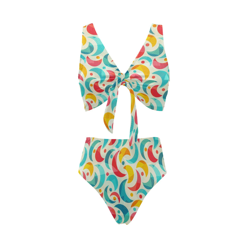 Colorful moon pattern Chest Bowknot High Waisted Bikini Swimsuit