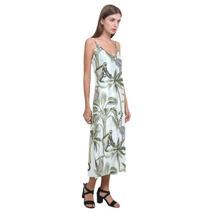 Monkey sloth lemur palm trees pattern V-Neck Open Fork Long Dress