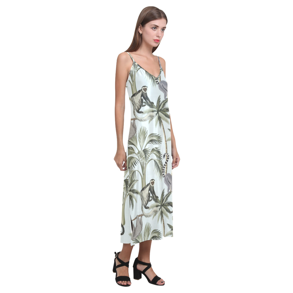Monkey sloth lemur palm trees pattern V-Neck Open Fork Long Dress