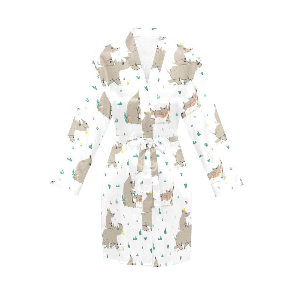 Cute Rhino pattern background Women's Long Sleeve Belted Night Robe
