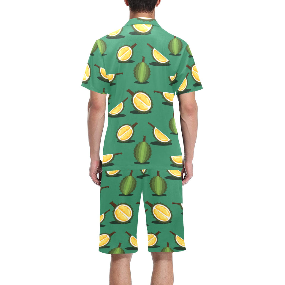 Durian pattern green background Men's V-Neck Short Pajama Set