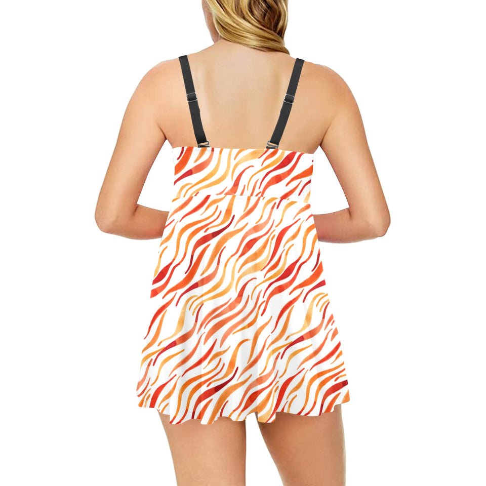 Fire flame watercolor pattern Chest Sexy Pleated Two Piece Swim Dress