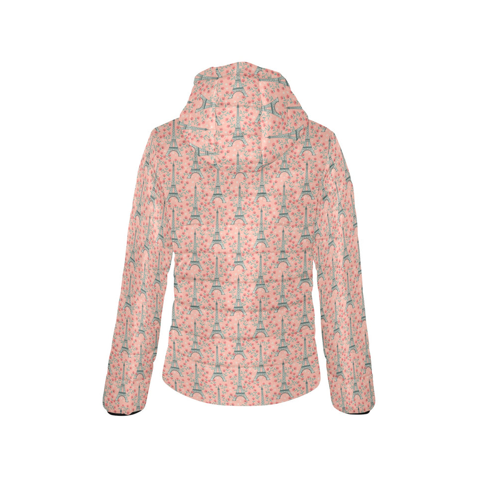 Eiffel Tower Flower Pattern Design 03 Women's Padded Hooded Jacket