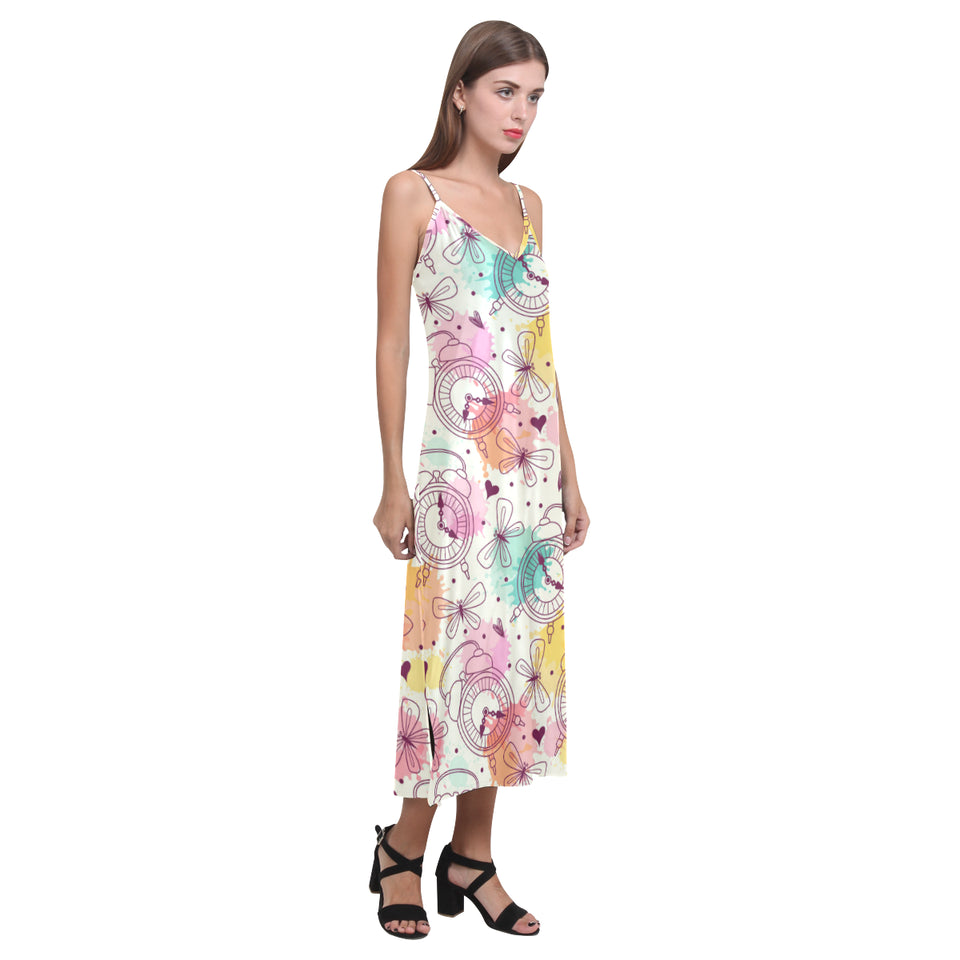Clock butterfly pattern V-Neck Open Fork Long Dress