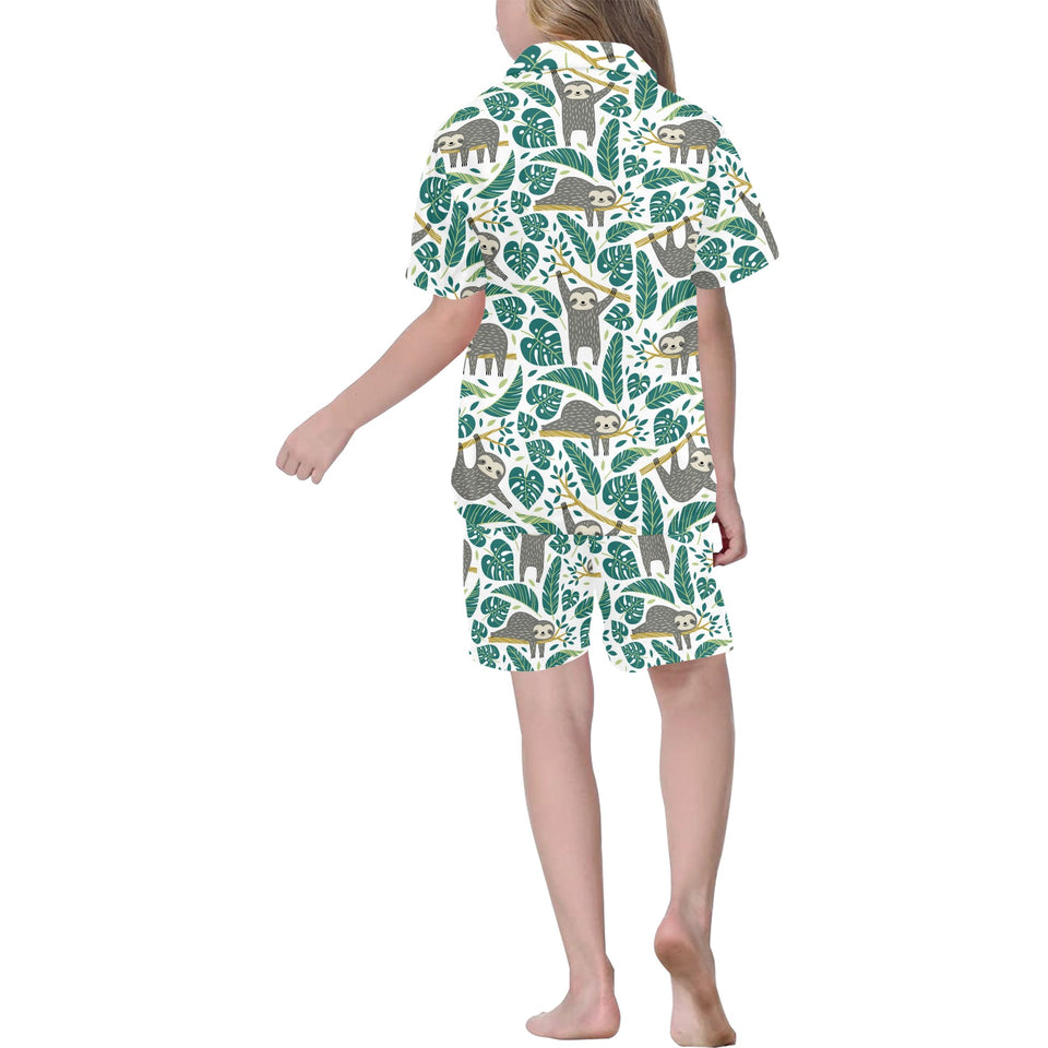 Cute sloths tropical palm leaves white background Kids' Boys' Girls' V-Neck Short Pajama Set