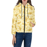 Saxophone cornet pattern yellow background Women's Padded Hooded Jacket