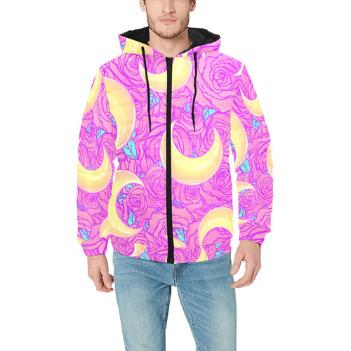 Moon pink rose background Men's Padded Hooded Jacket