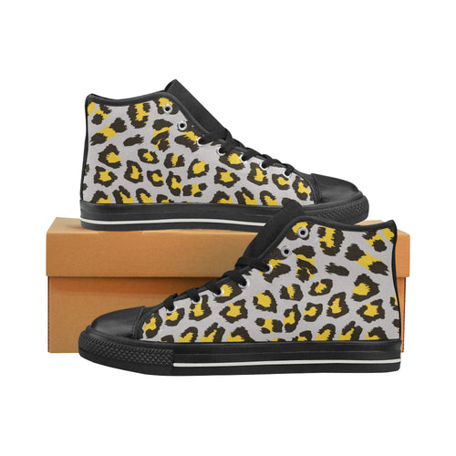 Gray Leopard print pattern Women's High Top Canvas Shoes Black