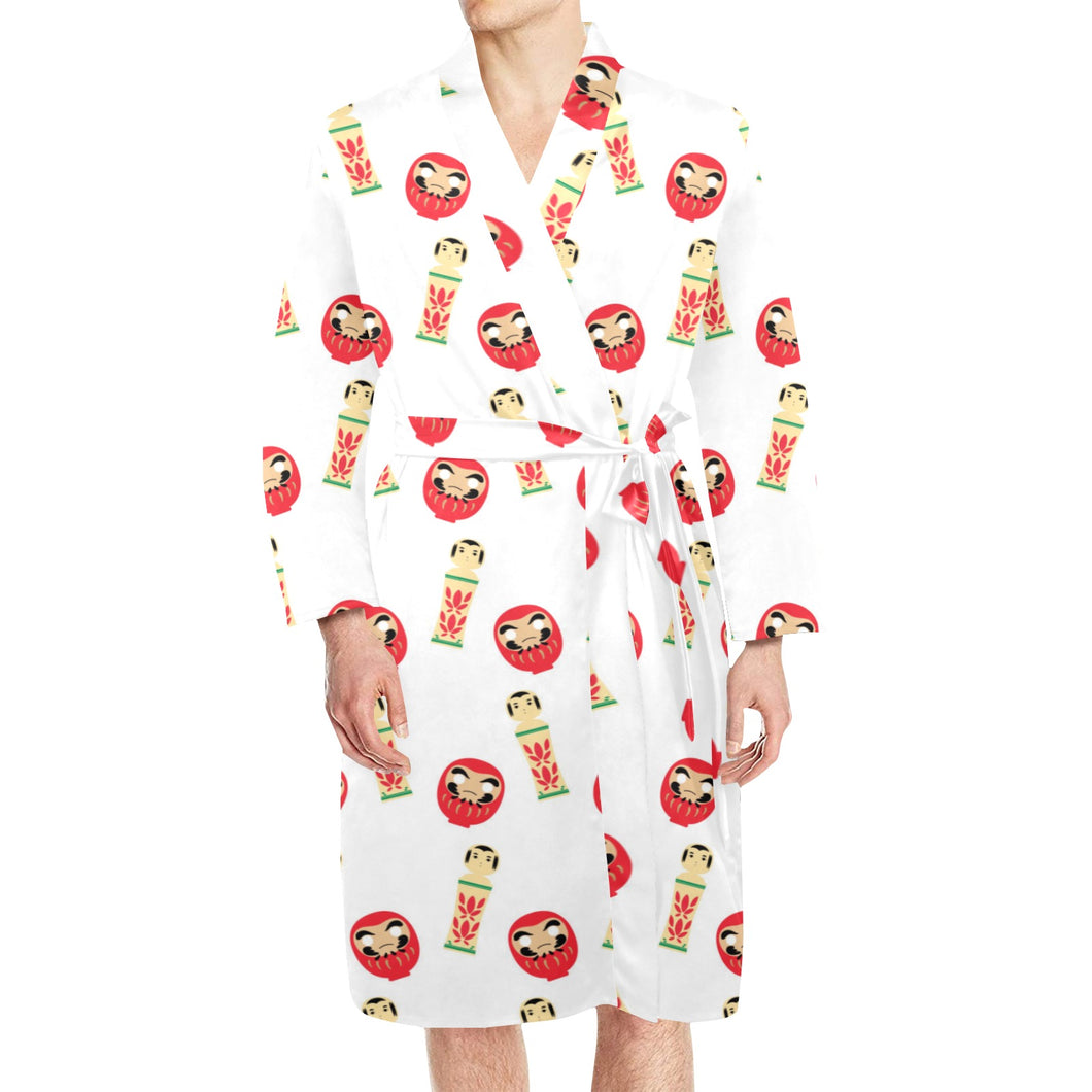 Daruma japanese wooden doll Men's Long Sleeve Belted Night Robe