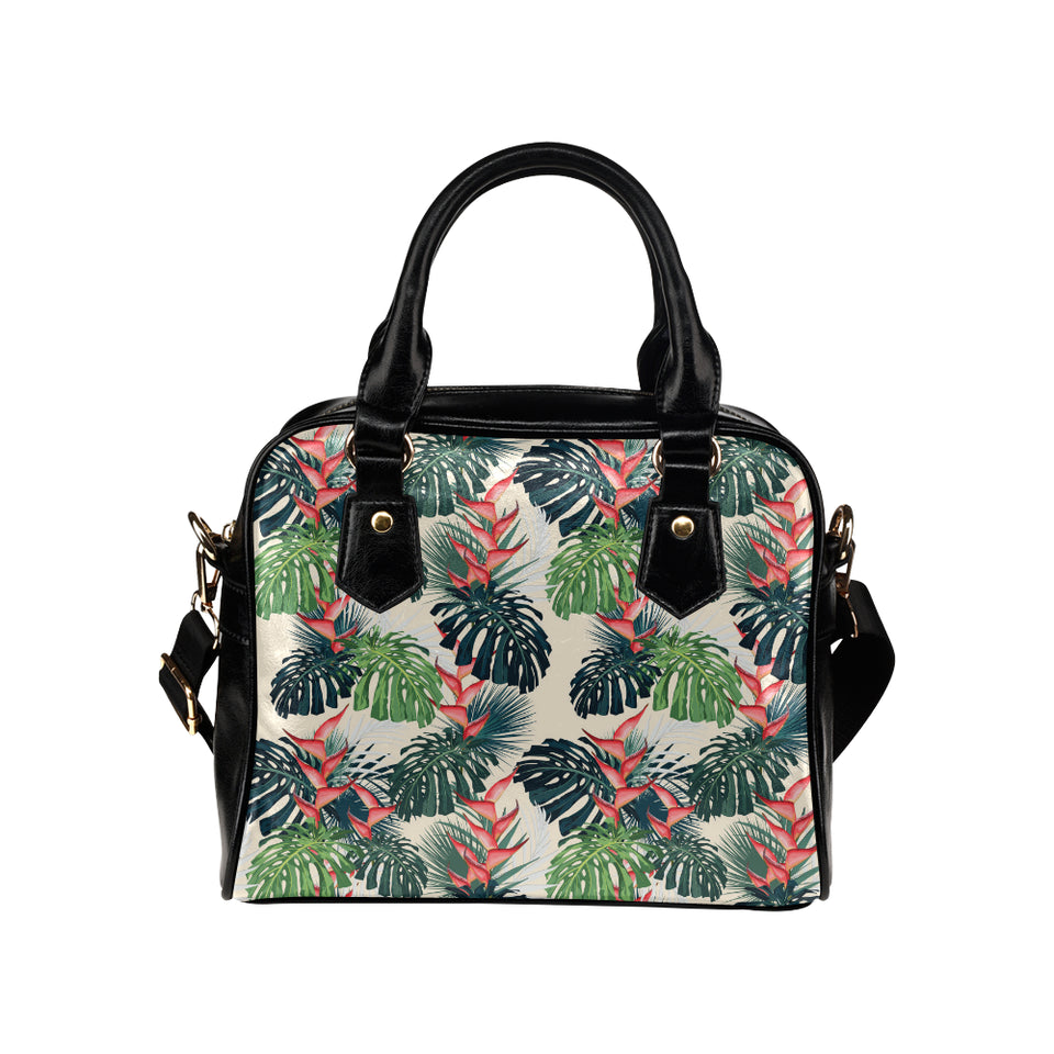 heliconia flowers, palm and monstera leaves Shoulder Handbag