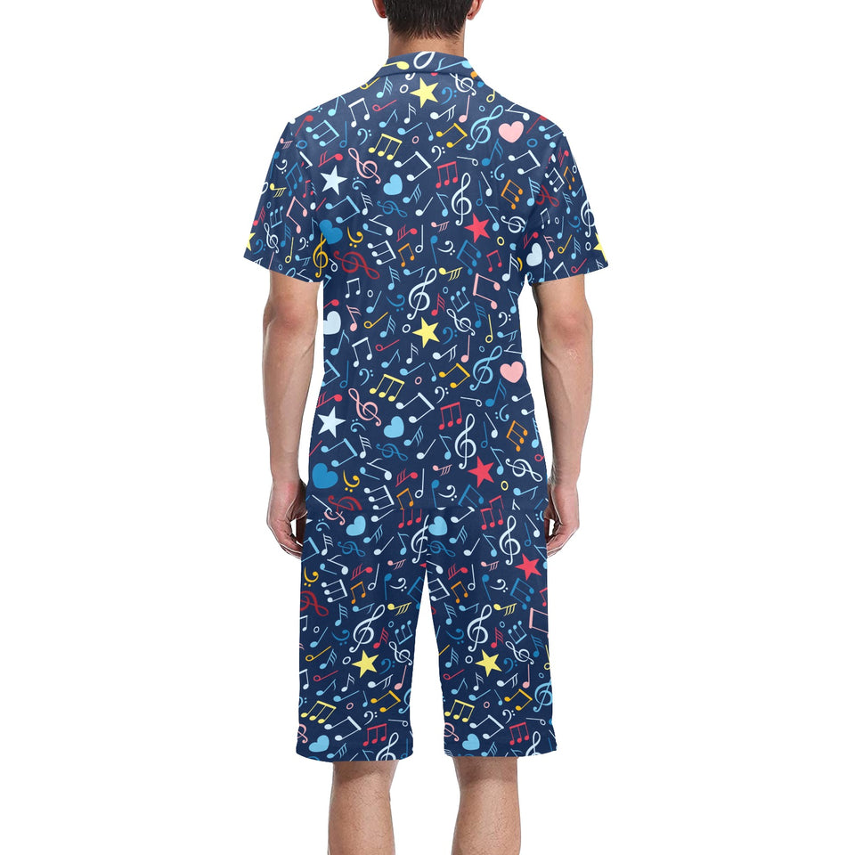Music Notes Pattern Print Design 03 Men's V-Neck Short Pajama Set