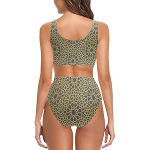 arabic star gold pattern Chest Bowknot High Waisted Bikini Swimsuit
