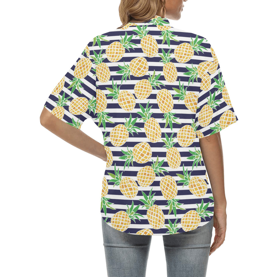 Pineapples pattern striped background Women's All Over Print Hawaiian Shirt