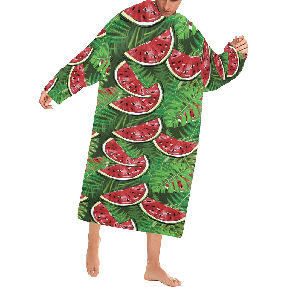 Watermelons tropical palm leaves pattern backgroun Blanket Robe with Sleeves