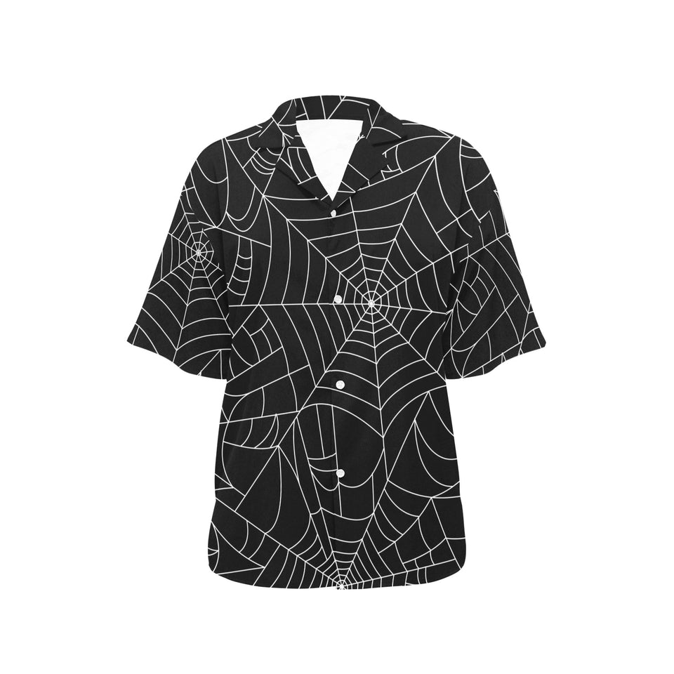 Spider web pattern Black background white cobweb Women's All Over Print Hawaiian Shirt