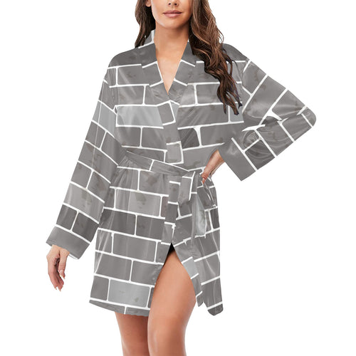 Brick Printed Pattern Print Design 05 Women's Long Sleeve Belted Night Robe