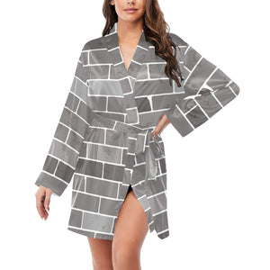 Brick Printed Pattern Print Design 05 Women's Long Sleeve Belted Night Robe