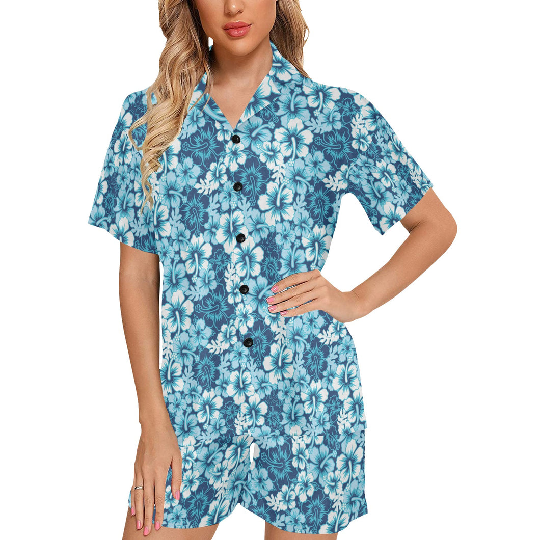 Hibiscus Pattern Print Design 03 Women's V-Neck Short Pajama Set