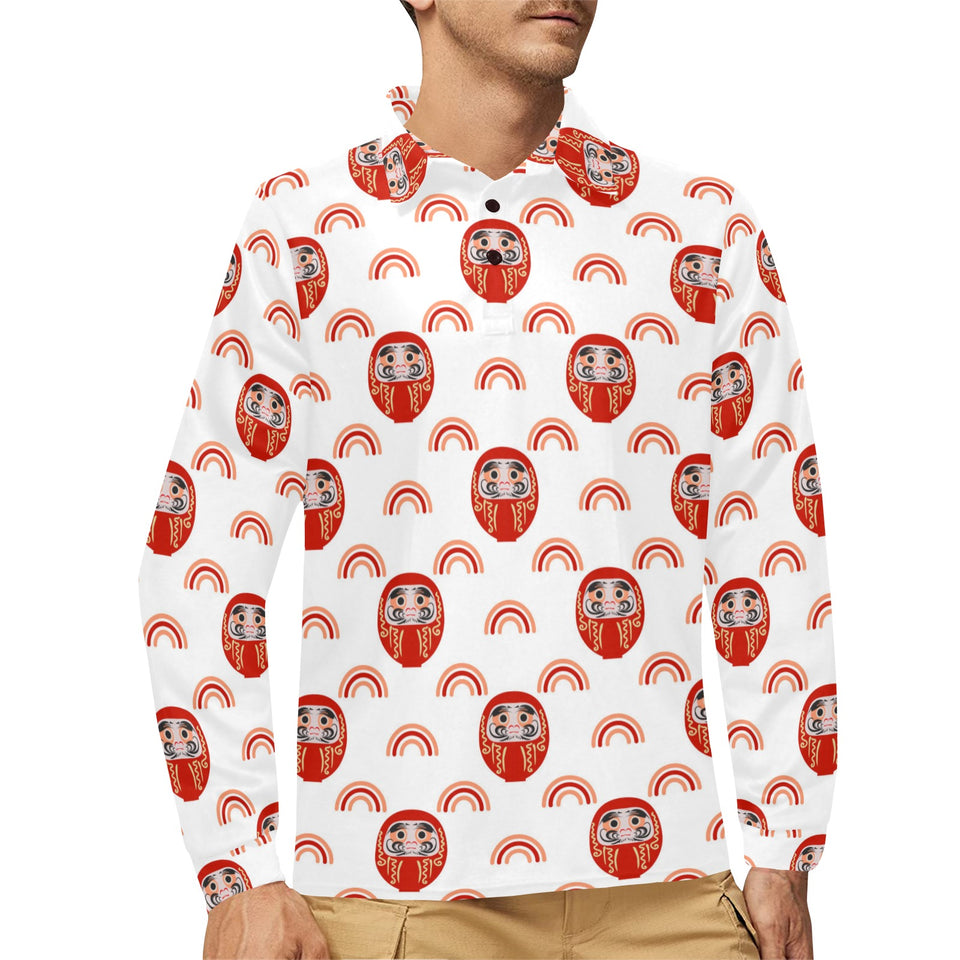 Daruma japanese wooden doll design pattern Men's Long Sleeve Polo Shirt