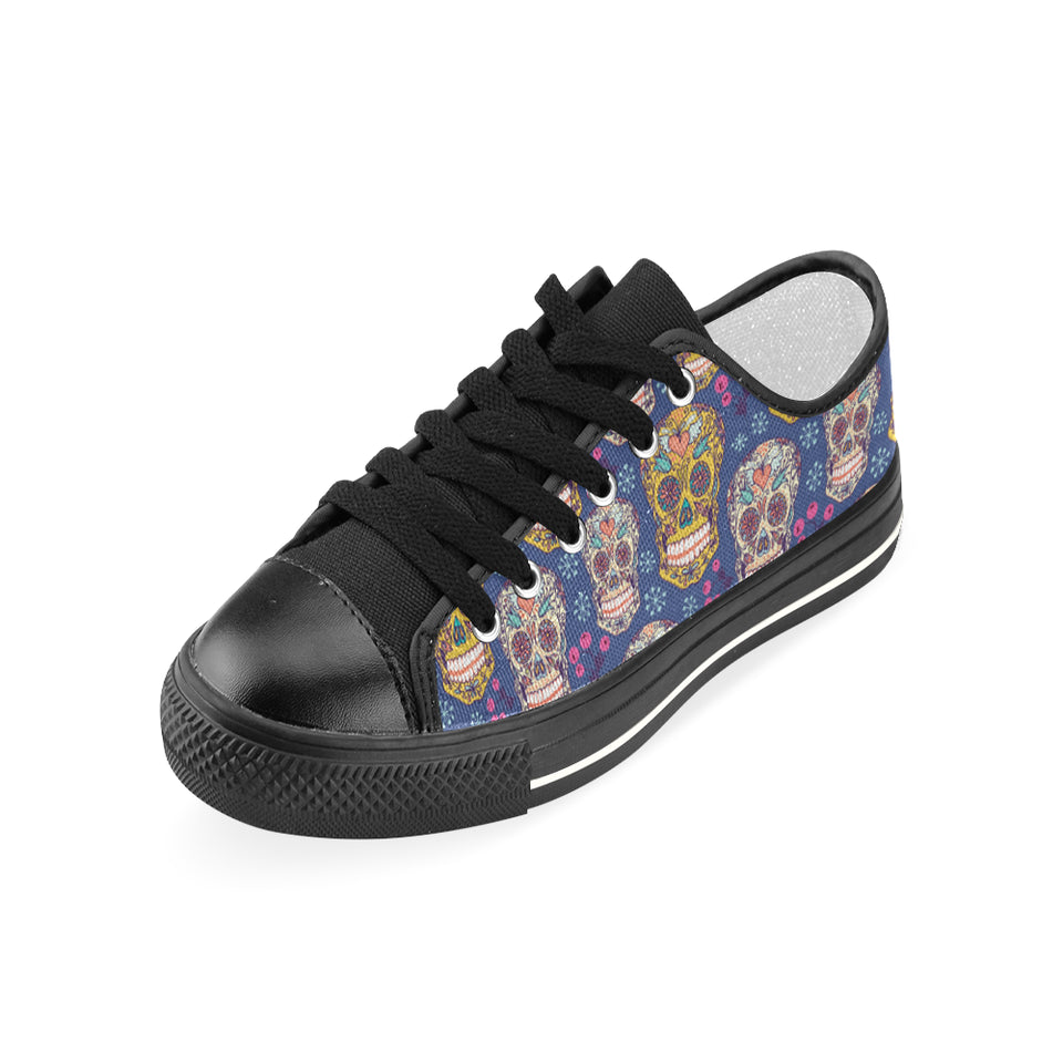 Sugar skull flower pattern Women's Low Top Canvas Shoes Black