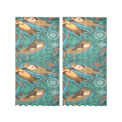 cute brown sea otters ornamental seaweed corals gr Gauze Curtain