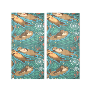 cute brown sea otters ornamental seaweed corals gr Gauze Curtain