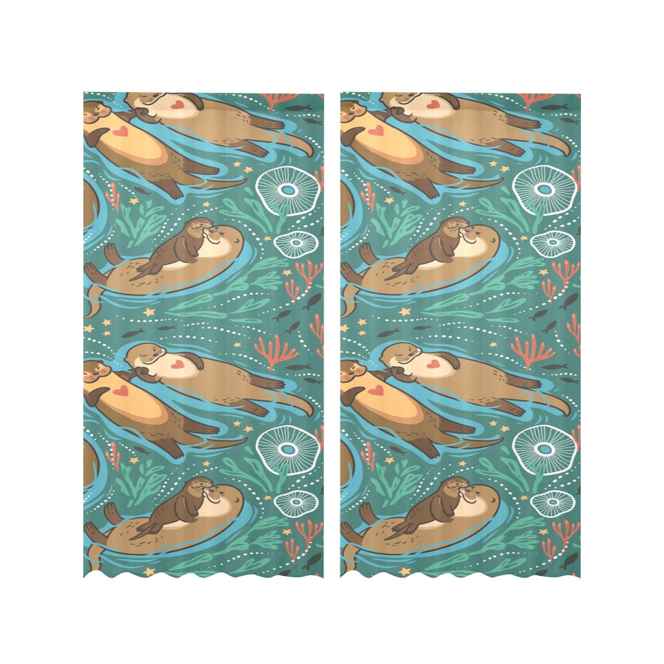 cute brown sea otters ornamental seaweed corals gr Gauze Curtain