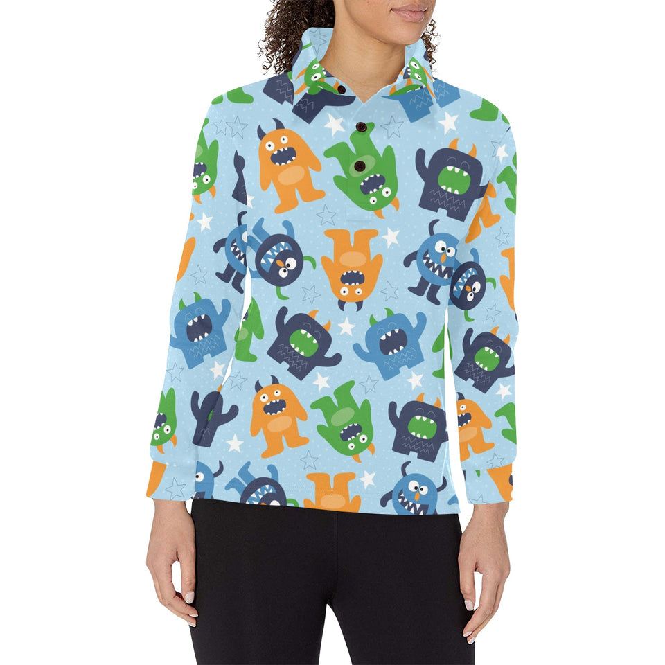 Alien Pattern Print Design 04 Women's Long Sleeve Polo Shirt