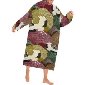 Japanese cranes flying forest dot pattern Blanket Robe with Sleeves