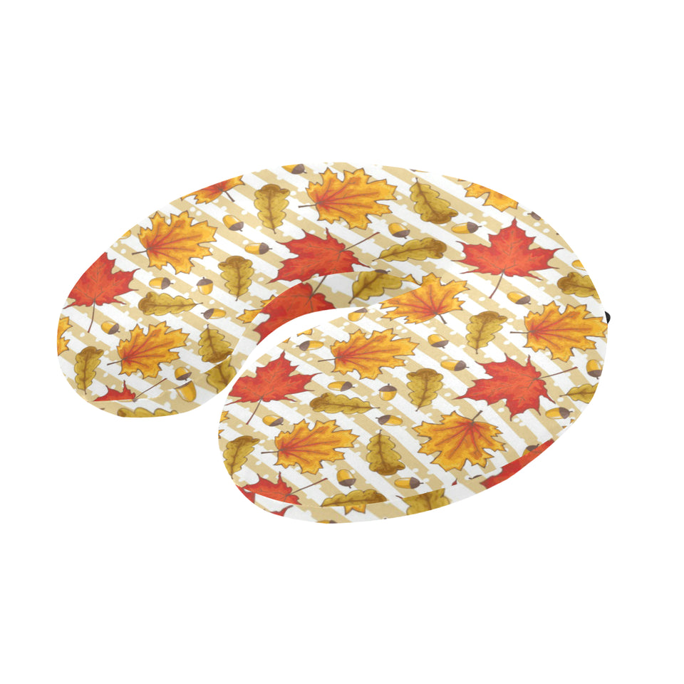 Maple leaf oak leaf acorns beige striped backgroun U-Shaped Travel Neck Pillow