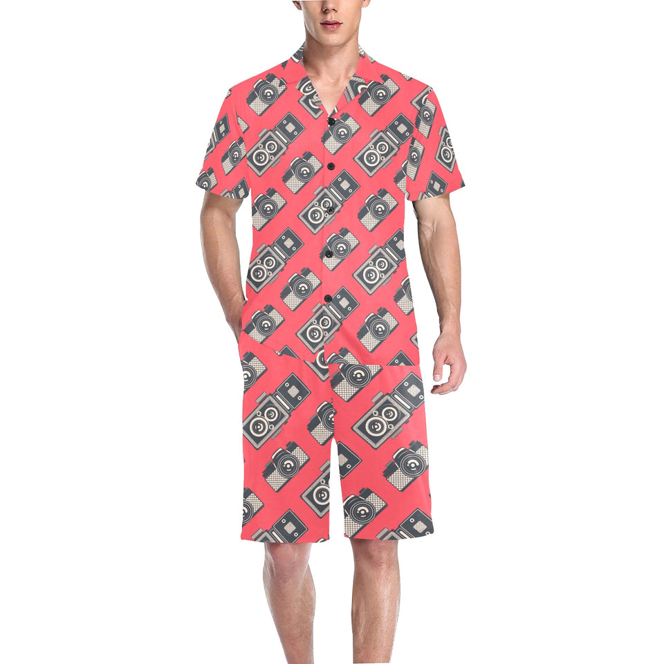 Camera Pattern Print Design 05 Men's V-Neck Short Pajama Set