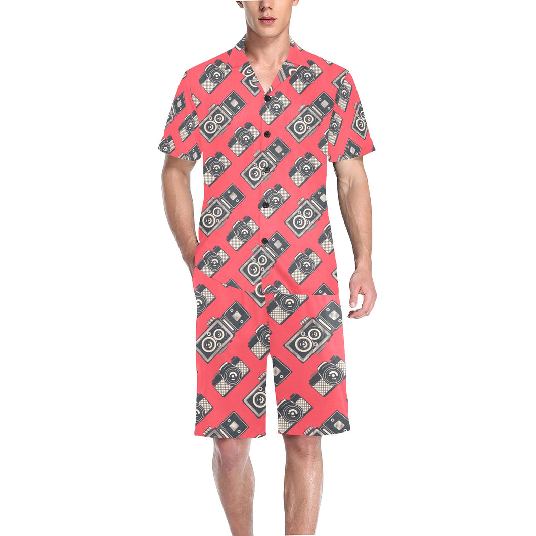 Camera Pattern Print Design 05 Men's V-Neck Short Pajama Set