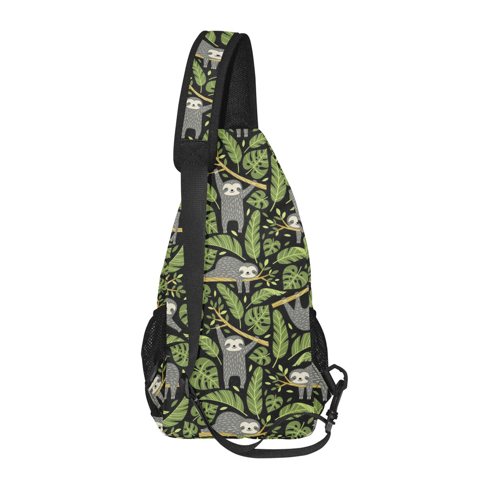 Cute sloths tropical palm leaves black background All Over Print Chest Bag