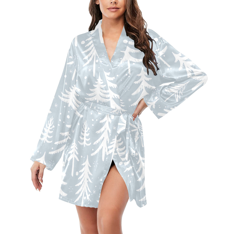 Christmas tree winter forest pattern Women's Long Sleeve Belted Night Robe