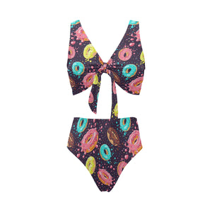 Colorful donut glaze pattern Chest Bowknot High Waisted Bikini Swimsuit